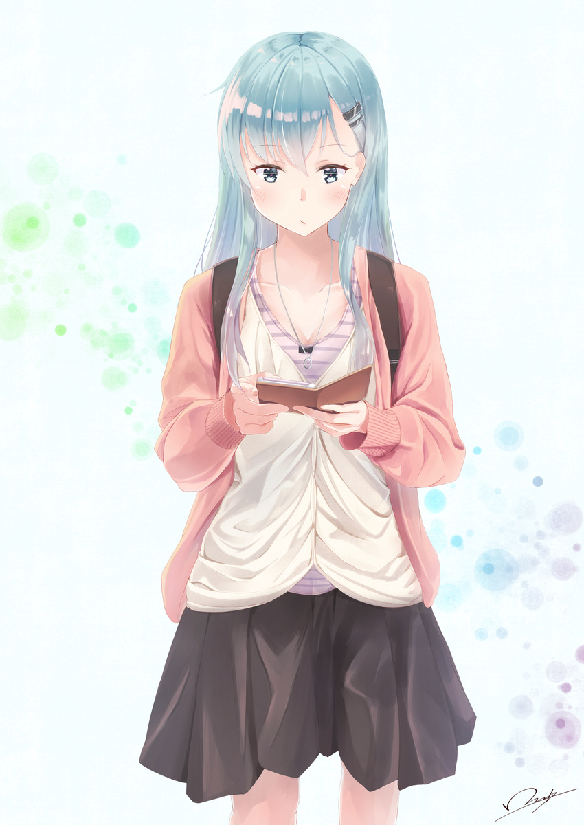 aqua_eyes aqua_hair backpack bag bangs beige_shirt black_skirt blush breasts cardigan cellphone closed_mouth collarbone commentary_request eyebrows_visible_through_hair hair_ornament hairclip highres holding holding_phone jewelry kantai_collection knees large_breasts long_hair long_sleeves looking_at_phone necklace open_cardigan open_clothes phone phone_wallet pink_cardigan ring shirt signature simple_background skirt smartphone smile solo standing suzuya_(kantai_collection) undershirt yukai_nao