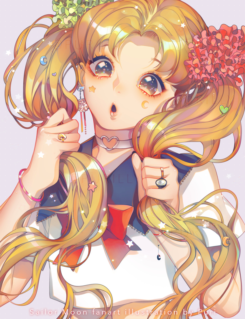 :d artist_name bangs bishoujo_senshi_sailor_moon blonde_hair bow bracelet choker close-up crescent earrings facial_mark hair_grab hair_ornament heart heart_choker highres jewelry lavender_background lipstick long_hair makeup making_of multicolored multicolored_eyes open_mouth parted_bangs purii red_bow ring school_uniform serafuku smile solo tsukino_usagi twintails very_long_hair watermark