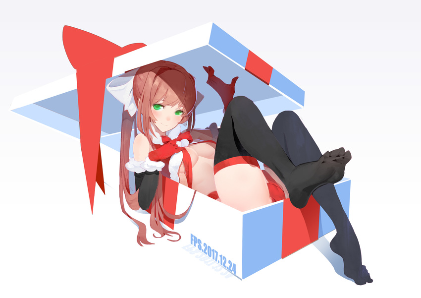 absurdres arm_warmers artist_name black_legwear blurry blush bow box breasts brown_hair christmas cleavage dated depth_of_field doki_doki_literature_club foreshortening fps fur_trim gift gift_box gloves graphite_(medium) green_eyes hair_bow hand_on_own_chest highres in_box in_container long_hair looking_at_viewer medium_breasts monika_(doki_doki_literature_club) pom_pom_(clothes) ponytail red_gloves ribbon santa_costume simple_background smile solo thighhighs traditional_media white_background