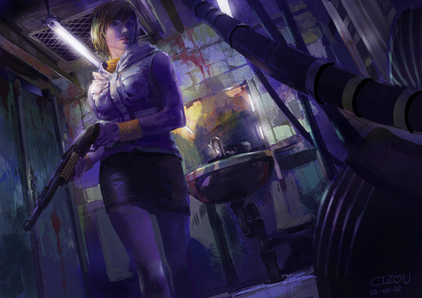 blonde_hair boots breasts heather_mason highres jacket miniskirt short_hair silent_hill silent_hill_3 skirt sleeveless sleeveless_turtleneck solo turtleneck vest weapon wristband