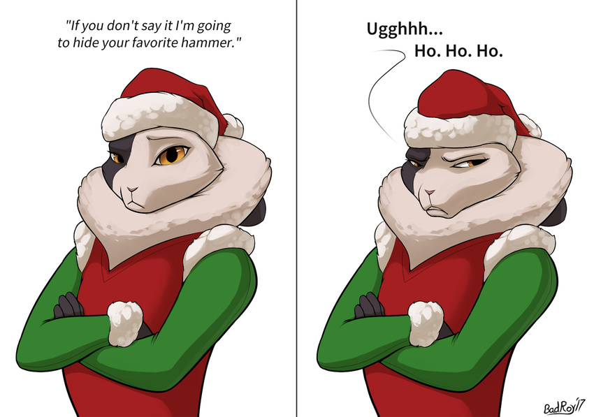 2017 anthro armello badroy christmas crossed_arms dialogue elyssia_(armello) english_text female frown hat holidays lagomorph mammal offscreen_character rabbit santa_hat simple_background smile text white_background yellow_eyes