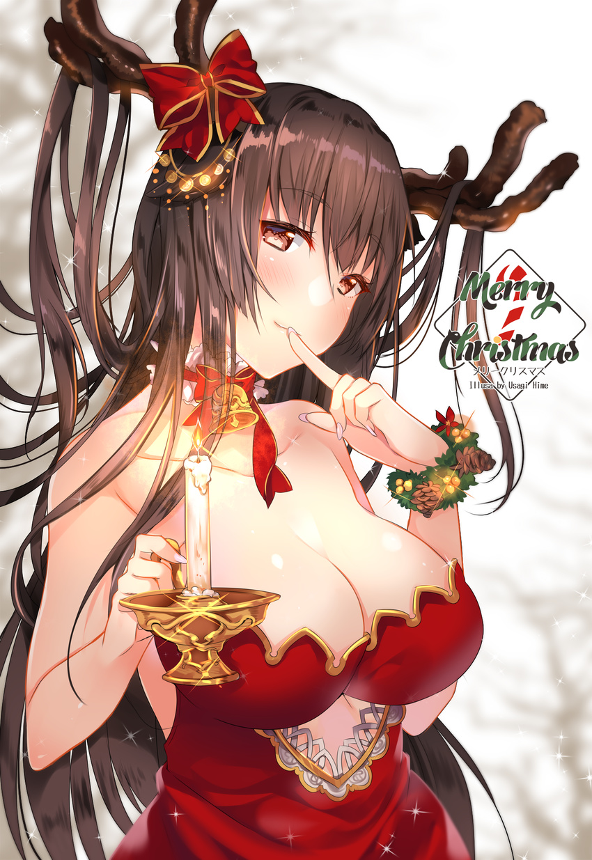 antlers artist_name bangs blush breasts brown_eyes brown_hair candle cleavage closed_mouth collarbone commentary_request dress eyebrows_visible_through_hair hand_up highres index_finger_raised large_breasts long_hair looking_at_viewer merry_christmas original red_dress reindeer_antlers smile solo upper_body usagihime