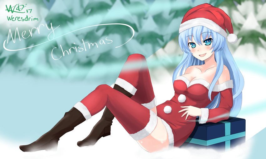 :d bare_shoulders blue_eyes blue_hair boots breasts christmas cleavage collarbone fir_tree full_body fur_trim gift hat highres kami_jigen_game_neptune_v kiseijou_rei leaning_back long_hair long_sleeves looking_at_viewer medium_breasts neptune_(series) open_mouth outdoors red_legwear santa_costume santa_hat sitting smile solo symbol-shaped_pupils thighhighs tree weresdrim