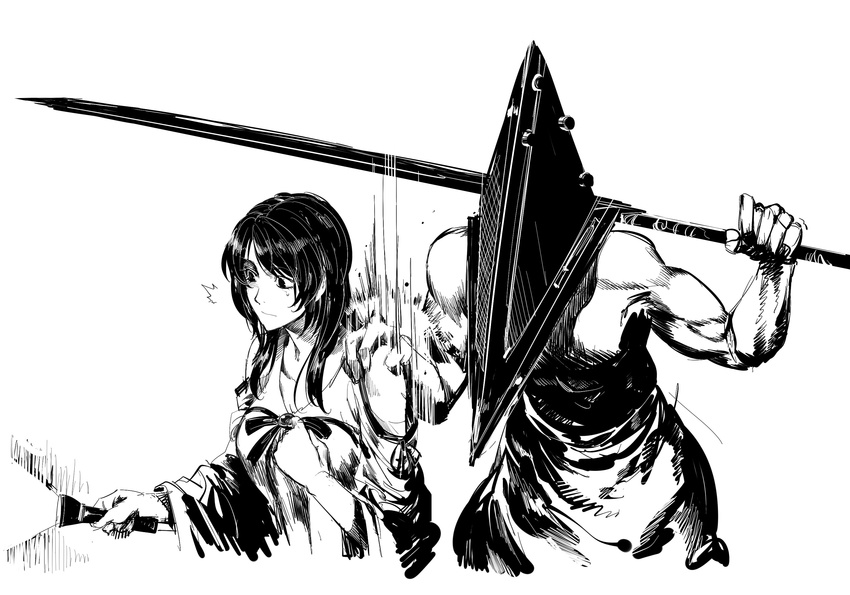 1girl apron breasts commentary_request crossover fatal_frame greyscale hat helmet highres long_hair medium_breasts monochrome monster pyramid_head ruukii_drift silent_hill silent_hill_(movie)