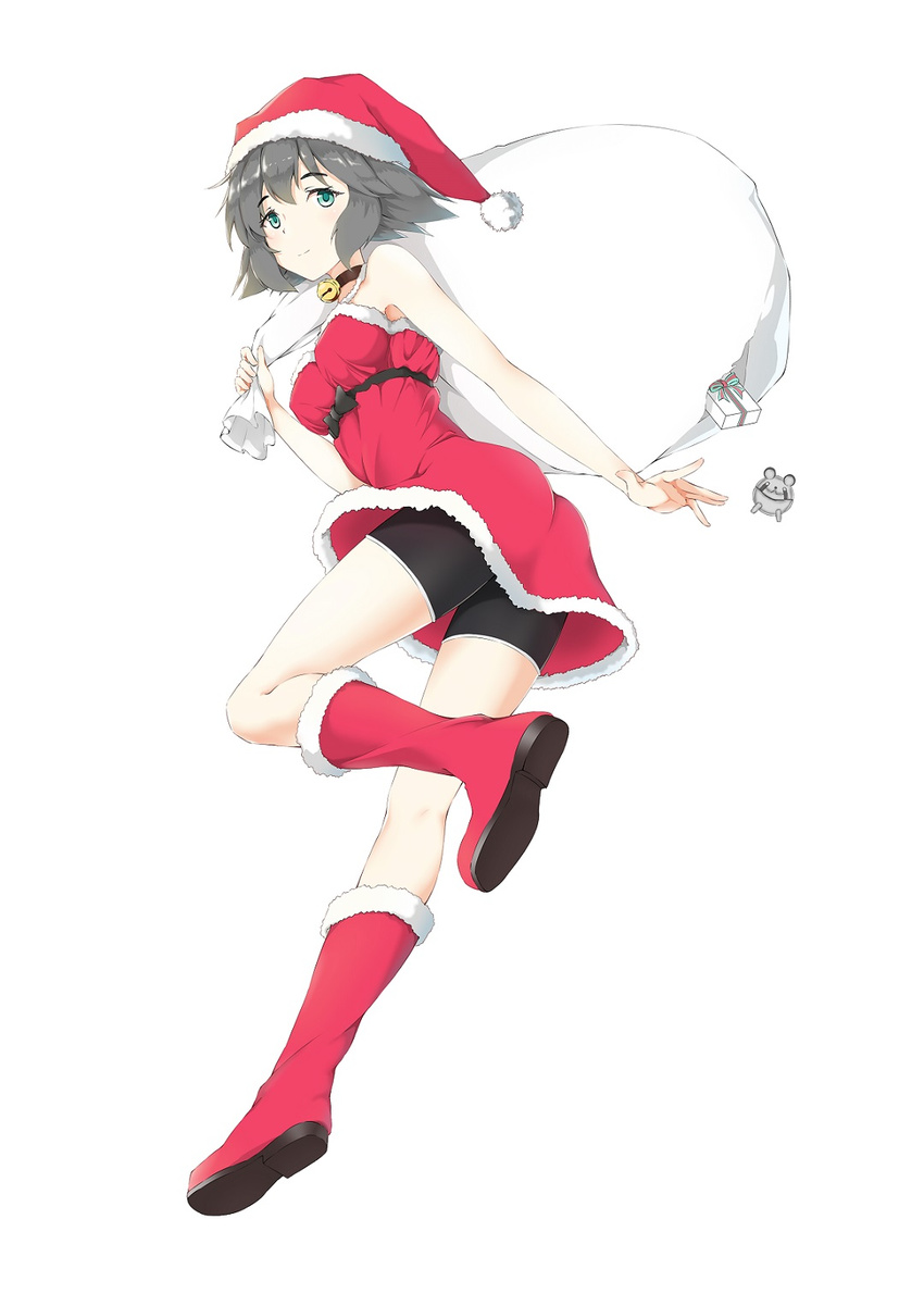 ass bare_shoulders bell bell_collar bike_shorts black_hair boots breasts carrying_over_shoulder christmas collar full_body fur_trim green_eyes hat highres leg_up looking_at_viewer medium_breasts metal_upa sack santa_boots santa_costume santa_hat shiina_mayuri short_hair simple_background solo steins;gate white_background xyh_(15283521)