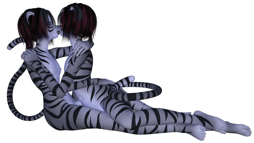 2017 3d_(artwork) alpha_channel anthro breasts brother brother_and_sister cat digital_media_(artwork) duo eyes_closed feline flat_chested hair hi_res incest kawaoneechan kissing mammal multicolored_hair nipples nude sibling simple_background sister tiger tongue transparent_background twincest twins two_tone_hair