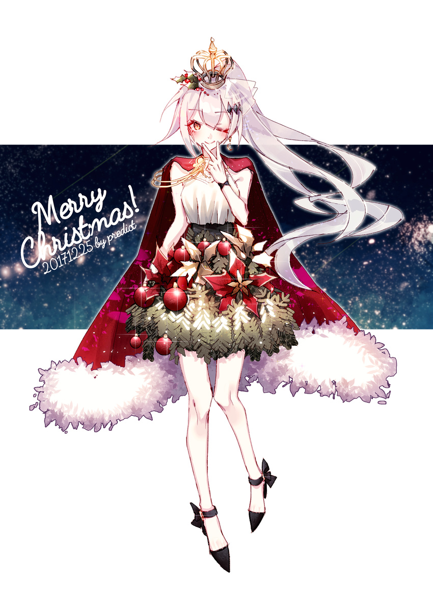 aiguillette alternate_costume arm_at_side bangs bare_shoulders blush bow breasts brown_eyes cape christmas christmas_dress christmas_ornaments christmas_tree_hair_ornament commentary crescent crescent_earrings crown decorations dress earrings english_commentary eyebrows_visible_through_hair five-seven_(girls_frontline) fur-trimmed_cape fur_trim girls_frontline hair_ornament hand_to_own_mouth highres jewelry knees_together_feet_apart large_breasts long_hair looking_at_viewer ponytail predict ribbon ribbon-trimmed_footwear silver_hair single_earring smile solo sparkle star very_long_hair yellow_eyes