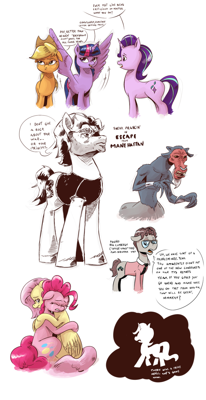 2017 applejack_(mlp) bill_lumberhg cutie_mark equine eye_patch eyewear female fluttershy_(mlp) friendship_is_magic glasses horn horse mammal my_little_pony parody pegasus pinkie_pie_(mlp) ponification pony saturdaymorningproj snake_plissken starlight_glimmer_(mlp) tirek_(mlp) trixie_(mlp) twilight_sparkle_(mlp) unicorn winged_unicorn wings