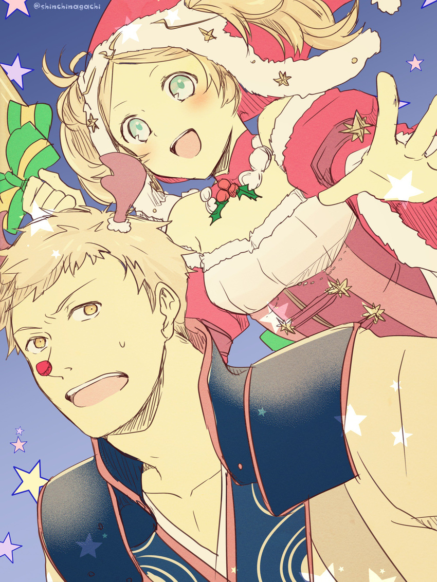 1girl absurdres bare_shoulders blonde_hair blue_eyes blush christmas dress eudes_(fire_emblem) fire_emblem fire_emblem:_kakusei fire_emblem_heroes fur_trim gloves hair_ornament hat highres liz_(fire_emblem) long_hair mother_and_son nishimura_(nianiamu) open_mouth santa_costume santa_hat short_hair short_twintails smile twintails