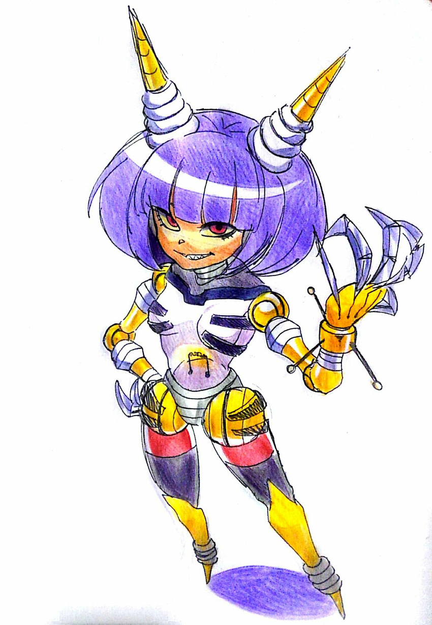 1girl android antennae bob_cut breasts claws dark_skin dynatron_(mighty_no._9) eyebrows looking_at_viewer mighty_no._3 mighty_no._9 musical_note purple_hair red_eyes robot robot_joints sharp_teeth short_hair smile solo standing teeth