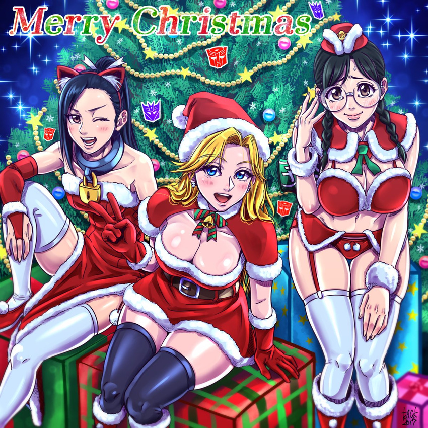 alternate_costume autobot black_hair blonde_hair blue_eyes blush boots box breasts brown_eyes capelet christmas christmas_lights christmas_ornaments christmas_tree cleavage commentary_request decepticon dress english full_body fur_trim gift gift_box gloves happy hat highres hitotonari_atari insignia kiss_players large_breasts li_shaoshao lips lock long_hair looking_at_viewer marissa_faireborn merry_christmas multiple_girls one_eye_closed open_mouth pose red_dress red_gloves ribbon santa_boots santa_costume santa_gloves santa_hat sitting skirt smile snow star starry_background striped striped_legwear tack_(dnet) teeth thighhighs transformers twitter_username