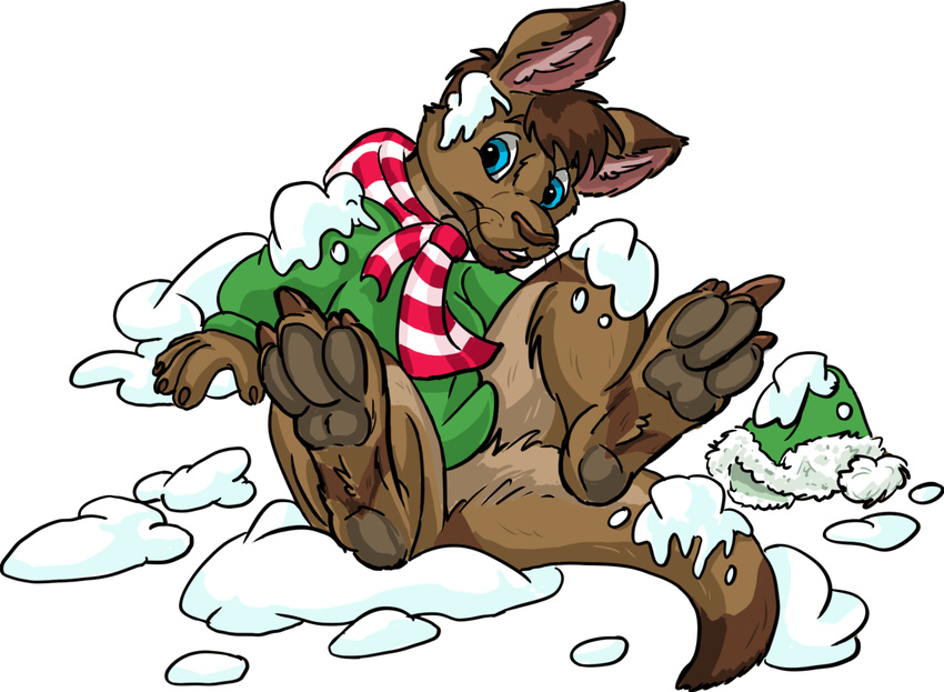 2017 alpha_channel anthro bottomless brown_fur brown_hair clothed clothing flinters fur gameroo_(character) hair kangaroo lying male mammal marsupial on_back scarf simple_background snow solo transparent_background whiskers
