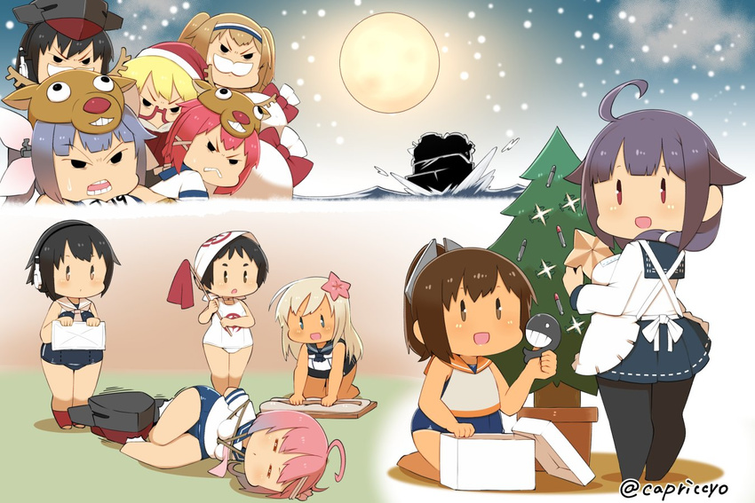 &gt;:( ahoge bdsm black_hair black_legwear blonde_hair blue_sky blue_swimsuit blush book bound bow brown_hair capriccyo christmas christmas_ornaments christmas_tree cloud crop_top fake_facial_hair fake_mustache frown glasses hair_ornament hair_ribbon hairband hat headphones i-13_(kantai_collection) i-14_(kantai_collection) i-168_(kantai_collection) i-19_(kantai_collection) i-26_(kantai_collection) i-401_(kantai_collection) i-58_(kantai_collection) i-8_(kantai_collection) kantai_collection light_brown_hair maru-yu_(kantai_collection) moon multiple_girls old_school_swimsuit one-piece_swimsuit open_book orange_sailor_collar pantyhose pink_hair pink_ribbon ponytail purple_hair red-framed_eyewear red_bow red_eyes ribbon ro-500_(kantai_collection) sailor_collar santa_hat school_swimsuit shirt sky snow snowing sparkle standing star star_hair_ornament swimsuit swimsuit_under_clothes taigei_(kantai_collection) tan teeth tied_up torpedo tree twintails two-tone_hairband v-shaped_eyebrows white_shirt white_swimsuit