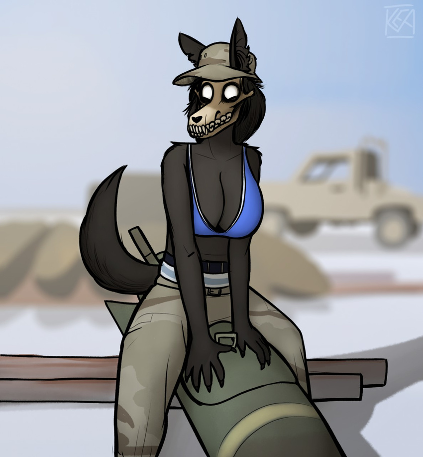 2017 5_fingers anthro big_breasts breasts canine cleavage clothed clothing day female happy hat kea_(artist) looking_at_viewer mammal military military_hat monster outside pose scp-1471 scp_foundation shirt tank_top