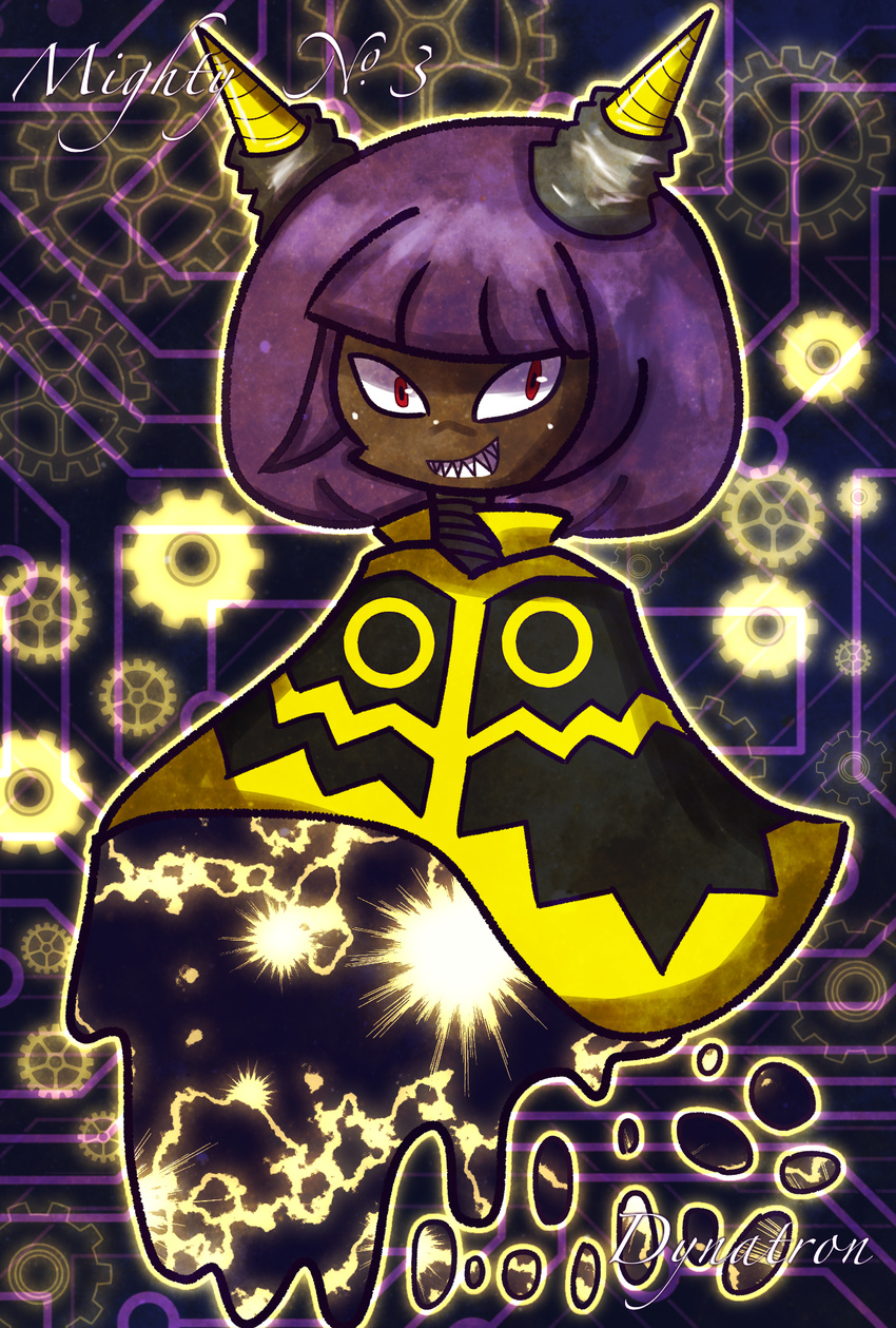 1girl android antennae bob_cut cape dynatron_(mighty_no._9) electricity mighty_no._3 mighty_no._9 no_humans purple_hair red_eyes robot sharp_teeth short_hair smile solo teeth