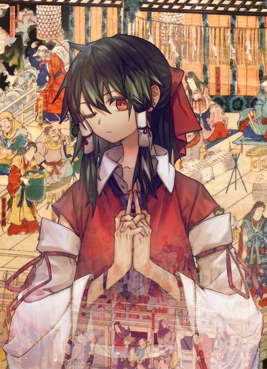 alternate_costume alternate_hairstyle arm_ribbon bad_id bad_pixiv_id bangs black_hair blue_neckwear collared_shirt colored_eyelashes commentary detached_sleeves hair_between_eyes hair_ribbon hair_tubes hakurei_reimu hand_gesture highres japanese_clothes layered_clothing long_hair looking_at_viewer nontraditional_miko one_eye_closed ouka_musci photo_background red_eyes red_pupils red_shirt ribbon see-through shirt sidelocks sideways_glance smile solo touhou upper_body white_shirt wide_sleeves