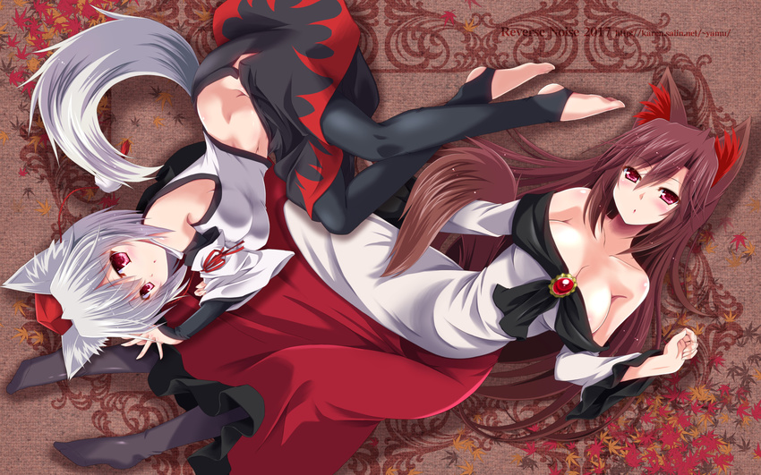 animal_ears autumn_leaves bare_shoulders barefoot black_legwear black_skirt blush breasts brooch brown_hair collarbone commentary_request detached_sleeves dress groin hat highres imaizumi_kagerou inubashiri_momiji jewelry large_breasts leaf long_hair long_skirt long_sleeves looking_at_viewer medium_breasts medium_skirt multicolored multicolored_clothes multicolored_skirt multiple_girls navel no_panties off-shoulder_shirt off_shoulder pom_pom_(clothes) red_eyes red_skirt ribbon-trimmed_sleeves ribbon_trim shirt short_hair sideboob silver_hair skirt sleeveless sleeveless_shirt tail thighhighs toeless_legwear tokin_hat touhou turtleneck white_shirt wide_sleeves wolf_ears wolf_tail yamu_(reverse_noise)