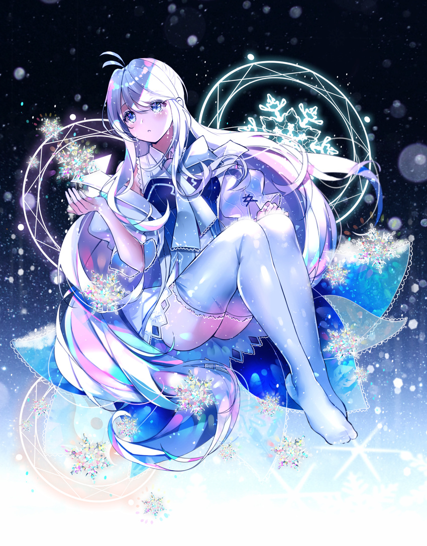 aether_sage_(elsword) aisha_(elsword) alternate_color black_background blue_background blue_eyes blue_hair blue_legwear blue_neckwear blush crying crying_with_eyes_open elsword full_body gradient gradient_background highres light_particles lium long_hair multicolored_hair necktie skirt snowflakes solo tears thighhighs white_hair white_skirt