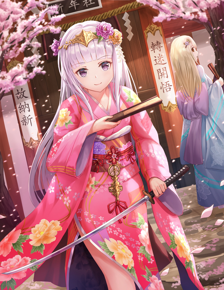 bangs blonde_hair blue_kimono blunt_bangs brown_eyes cherry_blossoms circlet closed_mouth commentary dutch_angle eyebrows_visible_through_hair falling_petals fan floral_print flower folding_fan furisode glowing_petals hair_flower hair_ornament highres holding holding_fan holding_sword holding_weapon japanese_clothes katana kimono left-handed long_hair long_sleeves looking_at_another looking_at_viewer looking_back lunacle multiple_girls obi original outdoors parted_lips petals pink_flower pink_kimono print_obi purple_eyes rope sash shide shimenawa shiny shiny_hair sidelocks silver_hair smile standing stone straight_hair sword torii translation_request tree very_long_hair weapon wide_sleeves yellow_flower