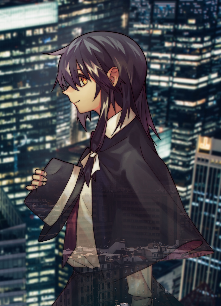 arm_at_side bad_id bad_pixiv_id bangs black_capelet black_hair black_hat black_skirt blurry blurry_background capelet city city_lights fedora from_side hair_between_eyes hair_ribbon hat hat_removed hat_ribbon headwear_removed highres long_hair long_skirt long_sleeves looking_at_viewer looking_to_the_side ouka_musci photo_background red_neckwear ribbon see-through shirt shirt_tucked_in single_sidelock skirt smile solo touhou upper_body usami_renko white_shirt yellow_eyes yellow_pupils