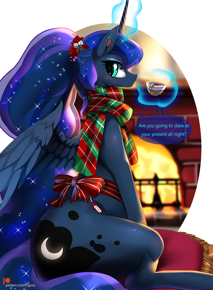 2017 chigusa_amano cutie_mark english_text equine feathered_wings feathers female fireplace friendship_is_magic hair hi_res horn magic mammal my_little_pony princess_luna_(mlp) scarf solo text winged_unicorn wings