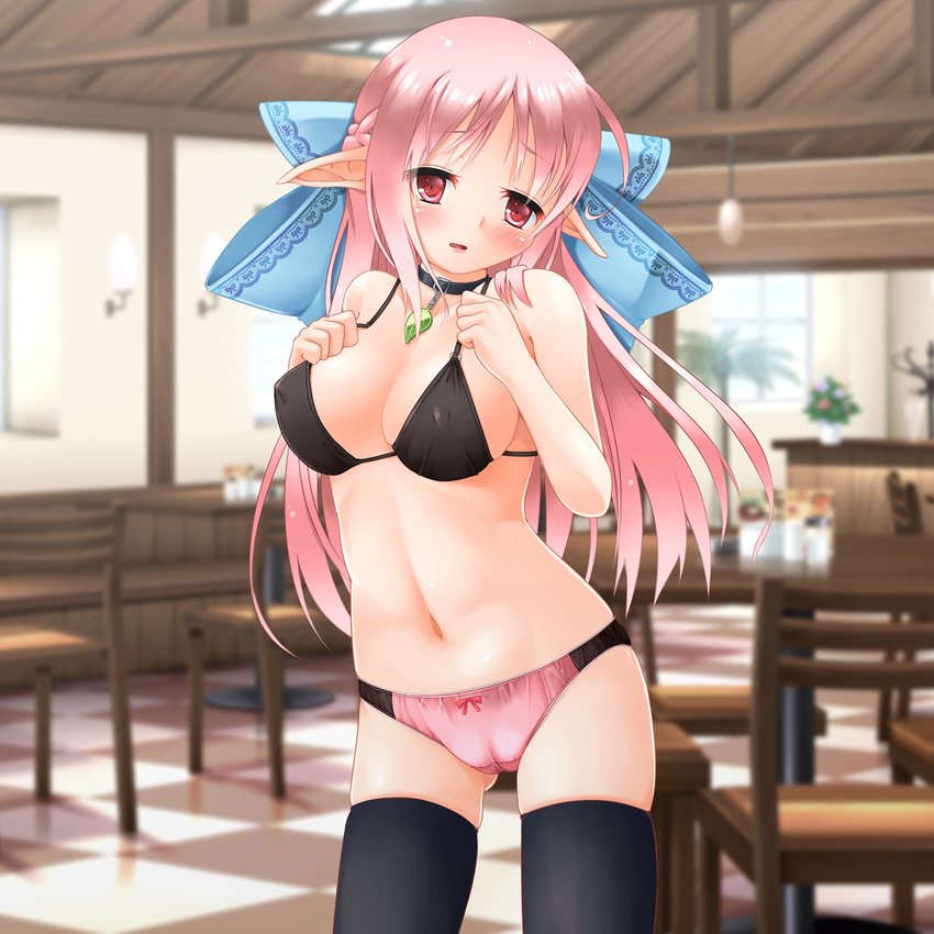 black_bra black_legwear black_panties blurry blurry_background blush bow bow_panties bra braid breasts cafe cameltoe checkered checkered_floor collar covered_nipples crown_braid elf eyebrows_visible_through_hair eyes_visible_through_hair game_cg hair_bow highres indoors kanna_hisashi large_bow large_breasts long_hair navel original panties pink_hair pink_panties pointy_ears red_bow red_eyes solo thighhighs two-tone_panties underwear underwear_only