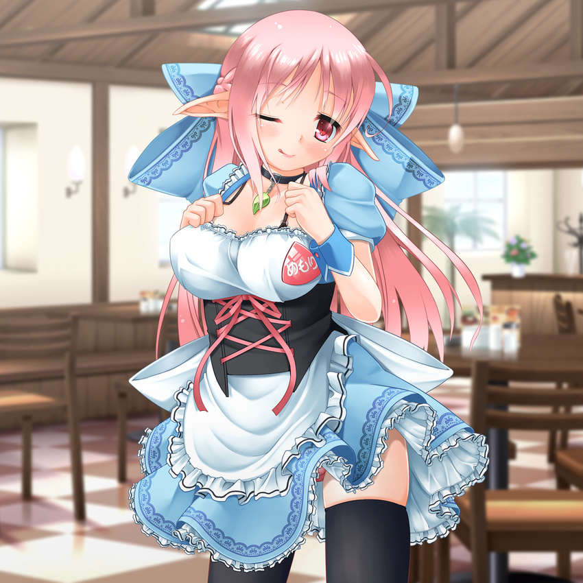 ;q apron black_legwear blurry blurry_background bow bra_strap braid breasts cafe checkered checkered_floor collar corset crown_braid elf eyebrows_visible_through_hair eyes_visible_through_hair frilled_apron frills game_cg hair_bow highres indoors kanna_hisashi large_bow large_breasts long_hair looking_at_viewer name_tag one_eye_closed original panties panty_peek pink_hair pink_panties pointy_ears puffy_short_sleeves puffy_sleeves red_eyes short_sleeves solo thighhighs tongue tongue_out underwear waist_apron waitress wrist_cuffs