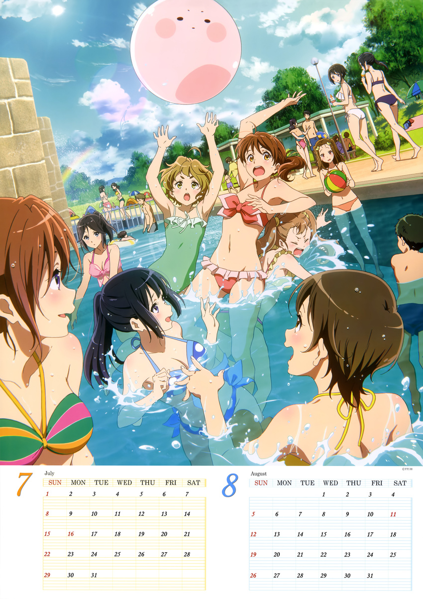 absurdres arm_up arms_up ass ball bare_shoulders bikini black_hair blue_bikini blue_eyes blue_sky breasts brown_eyes brown_hair calendar_(medium) casual_one-piece_swimsuit cleavage closed_eyes cloud collarbone day floating_hair frilled_bikini frills full_body green_eyes groin hair_between_eyes halterneck hibike!_euphonium highres holding_person innertube kabe_tomoe kasaki_nozomi katou_hazuki kawashima_sapphire kousaka_reina lens_flare medium_breasts multiple_boys multiple_girls nakagawa_natsuki nakaseko_kaori navel noguchi_hideri ogasawara_haruka one-piece_swimsuit open_mouth orange_bikini oumae_kumiko outdoors partially_submerged pink_bikini_top pink_swimsuit ponytail rainbow red_bikini saitou_aoi short_hair side_ponytail sky standing striped_bikini_top sun swimsuit swimwear tanaka_asuka taura_mei twintails wet white_bikini yellow_bikini_top yoshikawa_yuuko