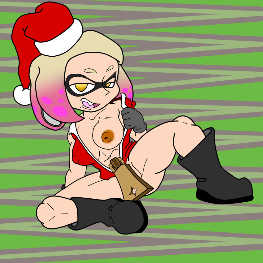 2017 beauty_mark big_breasts boots bottomless breasts censored cephalopod christmas clothed clothing costume creative_censorship digital_media_(artwork) fangs female flashing footwear giant_zipper holidays humanoid inkling inverted_nipples marine mask nintendo nipples not_furry pearl_(splatoon) santa_costume simple_background smile smirk sole_female solo splatoon spread_legs spreading tentacle_hair tentacles thekaimaster07 video_games yellow_eyes