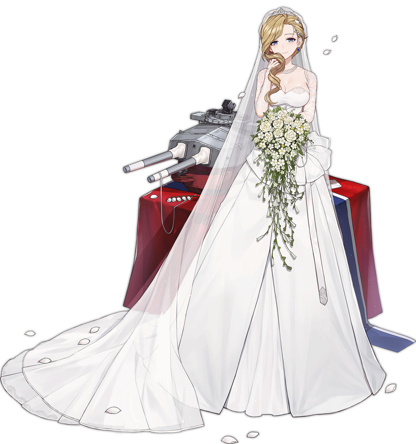 asymmetrical_hair azur_lane blonde_hair blue_eyes bouquet breasts bridal_veil cleavage collarbone detached_sleeves dress earrings eyebrows eyelashes flower full_body hair_over_shoulder highres holding holding_bouquet hood_(azur_lane) jewelry large_breasts long_hair long_sleeves looking_at_viewer machinery necklace official_art pearl_necklace petals rose sa_(h28085) see-through single_hair_intake skindentation sleeves_past_wrists smile solo standing strapless strapless_dress tachi-e tareme tears tiara transparent_background turret veil wedding_dress white_dress white_flower white_rose