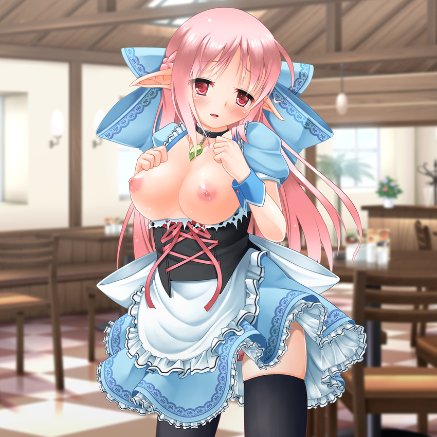 apron black_legwear blurry blurry_background blush bow braid breasts breasts_outside cafe checkered checkered_floor collar corset crown_braid elf eyebrows_visible_through_hair eyes_visible_through_hair frilled_apron frills game_cg hair_bow highres indoors kanna_hisashi large_bow large_breasts long_hair nipples no_bra original panties panty_peek pink_hair pink_panties pointy_ears puffy_short_sleeves puffy_sleeves red_eyes short_sleeves solo thighhighs torn_clothes underwear waist_apron waitress wrist_cuffs