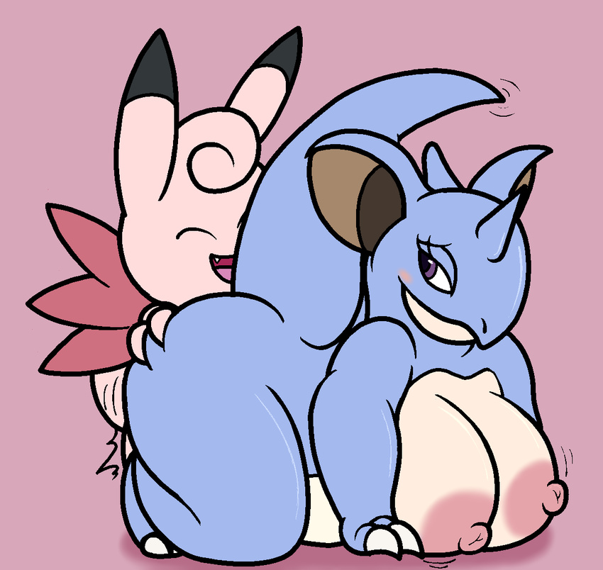 2017 anthro belly big_breasts big_thighs blush breasts claws clefable digital_media_(artwork) duo female huge_breasts male male/female mr.under nidoqueen nintendo nipples nude overweight penetration pok&eacute;mon pok&eacute;mon_(species) sex simple_background size_difference slightly_chubby smile thick_thighs video_games