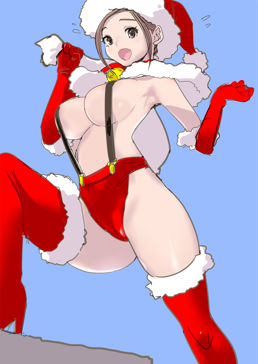 ass breasts brown_eyes brown_hair cameltoe cleavage dytm elbow_gloves flying_sweatdrops gloves hat heart highres huge_breasts open_mouth original pool_monitor_part-timer_(dytm) red_gloves red_legwear revealing_clothes santa_hat solo suspenders thighhighs