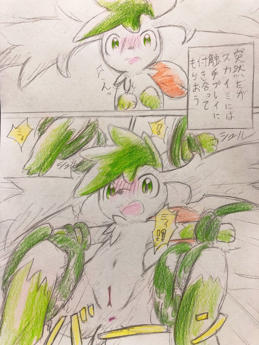 2018 anus blush comic dialogue eiroru female feral fur hi_res imminent_rape imminent_tentacle_rape japanese_text legendary_pok&eacute;mon looking_at_viewer nintendo nude pok&eacute;mon pok&eacute;mon_(species) pussy semi-anthro shaymin shaymin_(sky_form) simple_background solo tentacles text translation_request uncensored video_games