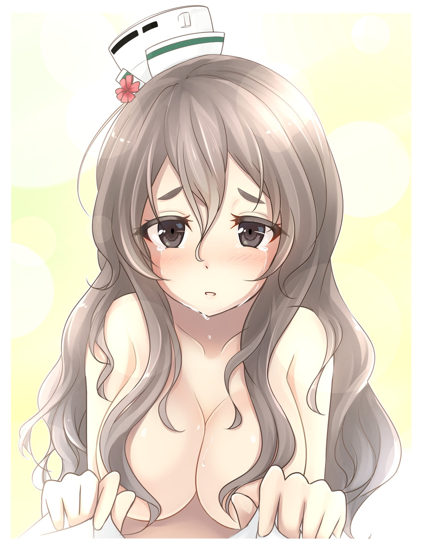 absurdres black_eyes blush breasts check_commentary commentary commentary_request crying crying_with_eyes_open grey_hair hair_censor hair_over_breasts hat highres kantai_collection large_breasts long_hair looking_at_viewer mini_hat mitsukii nude pola_(kantai_collection) solo tears