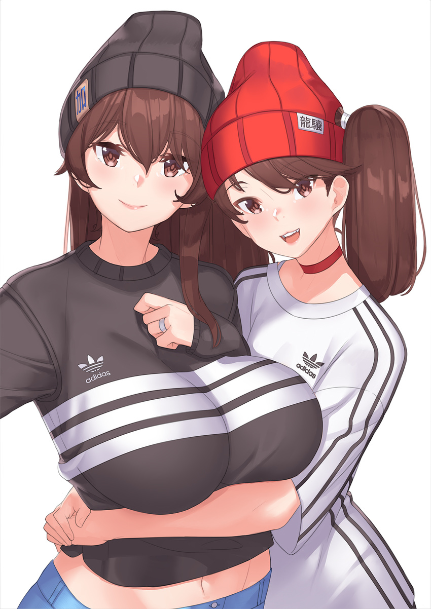 adidas bangs beanie black_hat black_shirt breast_lift breasts brown_eyes brown_hair choker closed_mouth denim eyebrows_visible_through_hair franham hair_between_eyes hand_on_own_chest hat highres hug huge_breasts jeans jewelry kaga_(kantai_collection) kantai_collection long_hair looking_at_viewer multiple_girls navel open_mouth pants pink_lips product_placement reaching_out red_choker red_hat ring ryuujou_(kantai_collection) self_shot shirt simple_background smile striped swept_bangs twintails upper_body wedding_band white_background white_shirt