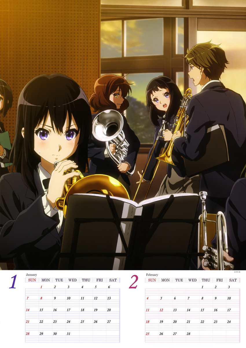 4girls absurdres black_bow black_hair black_jacket black_neckwear blue_eyes bow bowtie brown_eyes brown_hair brown_skirt calendar_(medium) euphonium hibike!_euphonium highres holding holding_instrument indoors instrument jacket kousaka_reina looking_away multiple_girls open_mouth open_window oumae_kumiko pleated_skirt sasaki_azusa shirt skirt standing sweatdrop tsukamoto_shuuichi white_shirt window yellow_eyes