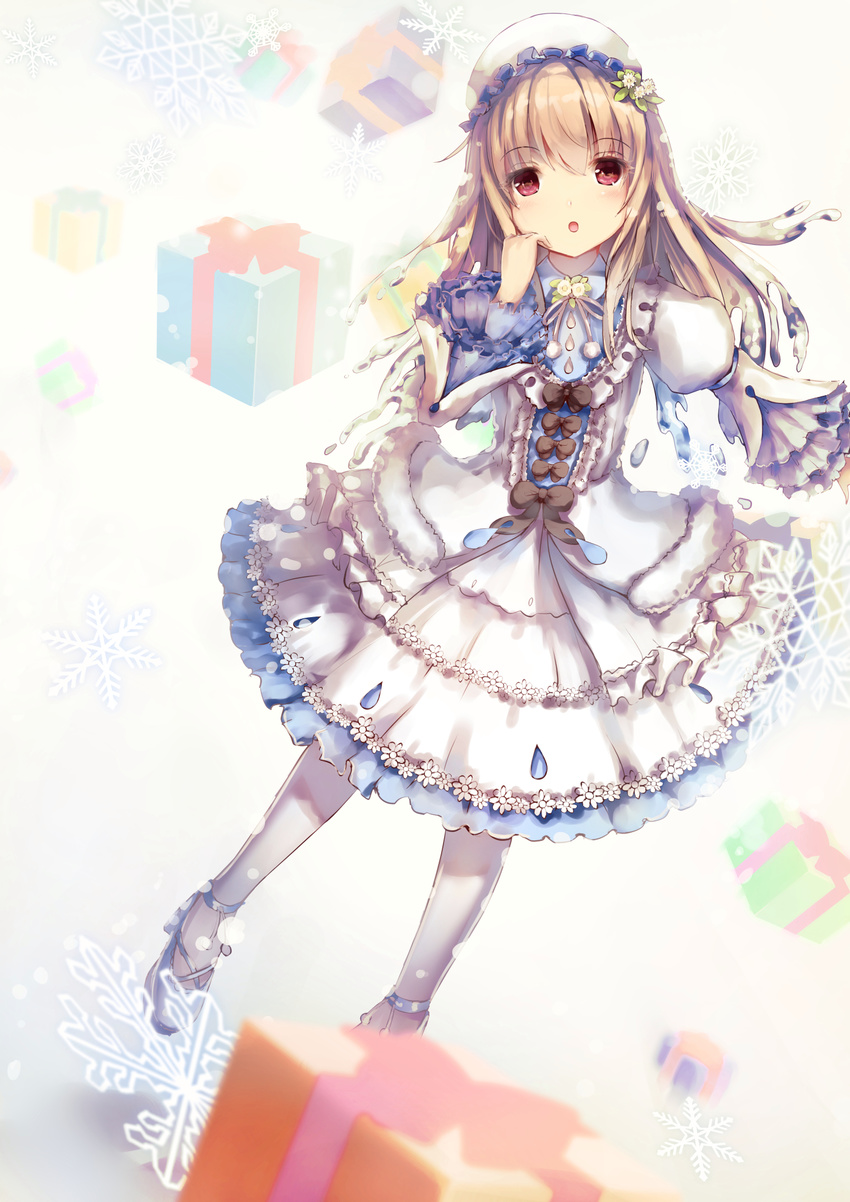 :o ankle_lace-up bangs blue_footwear blurry blurry_foreground box christmas cross-laced_footwear depth_of_field dress eyebrows_visible_through_hair flower frilled_hat frills fur-trimmed_dress gift gift_box hair_between_eyes hair_flower hair_ornament hand_up hat highres light_brown_hair lolita_fashion long_sleeves looking_at_viewer missile228 original pantyhose parted_lips red_eyes rusalka slavic_mythology snowflakes solo white_dress white_hat white_legwear