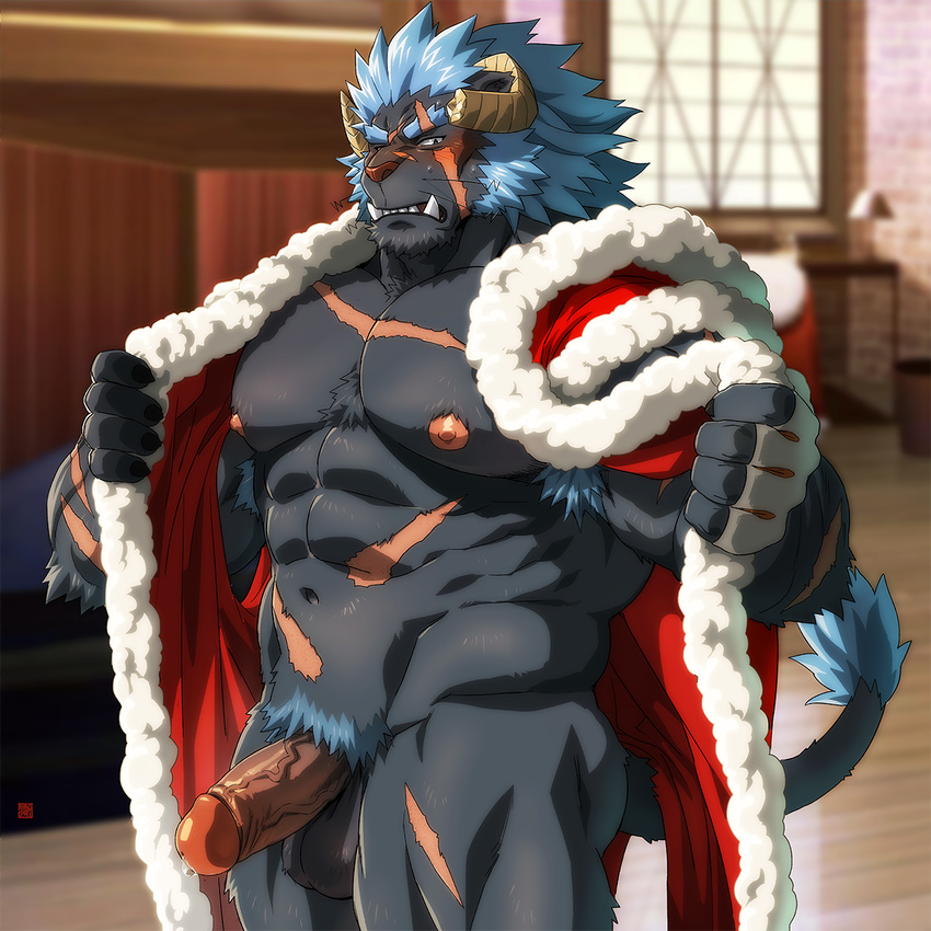 abs anthro armpit_hair balls black_fur blue_hair blush broken_horn chest_tuft clothing erection fur hair horn krampus krampus_(housamo) male muscular muscular_male nipples pecs penis precum rossciaco santa_coat scar solo standing tokyo_afterschool_summoners tuft undressing whiskers