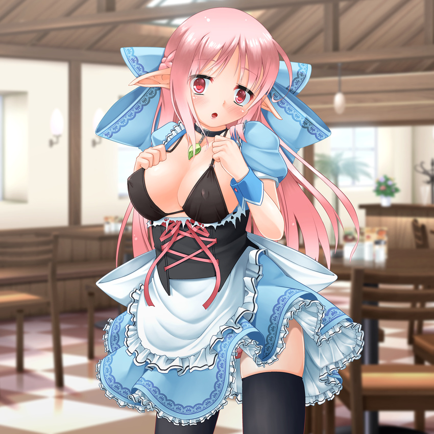 :o apron black_bra black_legwear blurry blurry_background blush bow bra braid breasts cafe checkered checkered_floor collar corset covered_nipples crown_braid elf eyebrows_visible_through_hair eyes_visible_through_hair frilled_apron frills game_cg hair_bow highres indoors kanna_hisashi large_bow large_breasts long_hair looking_at_viewer original panties panty_peek pink_hair pink_panties pointy_ears puffy_short_sleeves puffy_sleeves red_eyes short_sleeves solo thighhighs torn_clothes underwear waist_apron waitress wrist_cuffs