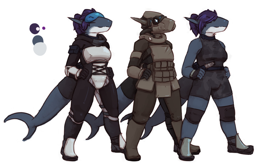 2017 anthro armor belt big_breasts breasts clothed clothing digital_drawing_(artwork) digital_media_(artwork) equipment eyewear female fierywitherrose fin fish fluxom hair hi_res looking_at_viewer marine nova_whitesail shark simple_background smile sneak solo standing stealth teeth