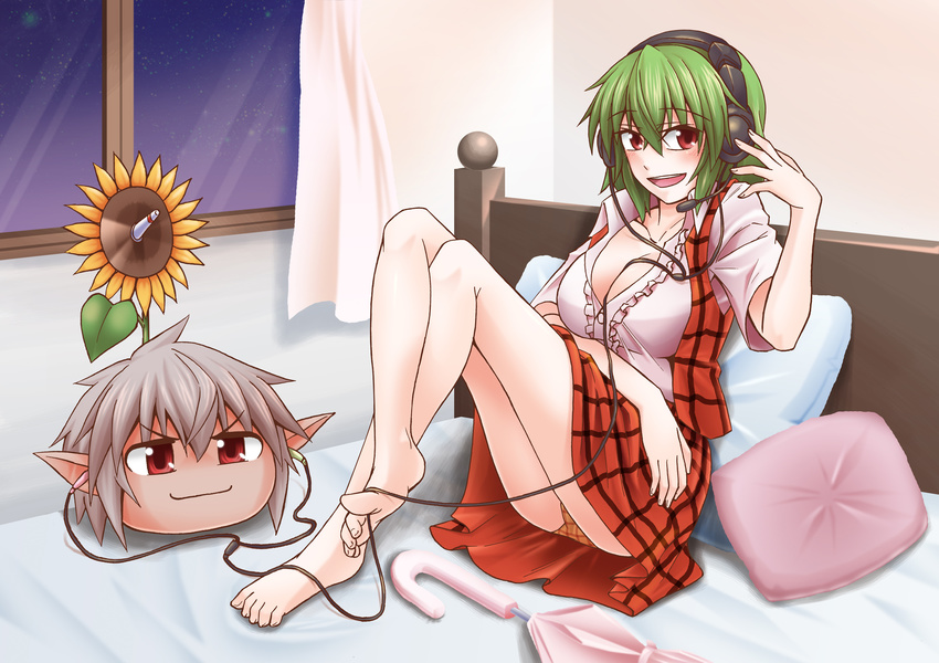 &gt;:) arm_rest bare_arms bare_legs barefoot between_breasts between_toes breasts buront cleavage closed_eyes closed_mouth closed_umbrella collarbone collared_shirt commentary_request crossed_legs crossover curtains dark_skin elf elvaan final_fantasy final_fantasy_xi flower frills full_body green_hair hair_between_eyes hand_up headphones headset highres indoors kazami_yuuka ken_tatsuki knees_up large_breasts nib_pen_(medium) night on_bed open_mouth panties pantyshot pantyshot_(sitting) pillow plaid plaid_panties plaid_skirt plaid_vest pointy_ears red_eyes red_skirt red_vest shirt short_hair short_sleeves sitting skirt skirt_set smile sunflower toes touhou traditional_media umbrella underwear v-shaped_eyebrows vest white_shirt window yukkuri_shiteitte_ne
