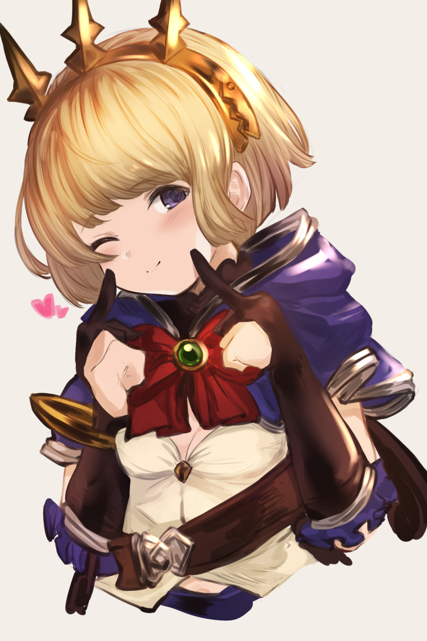 1girl alternate_hair_length alternate_hairstyle bad_hands belt blonde_hair cagliostro_(granblue_fantasy) commentary_request gloves granblue_fantasy hairband highres looking_at_viewer maou_(maoudaisukiya) one_eye_closed purple_eyes red_ribbon ribbon short_hair simple_background smile solo tiara upper_body