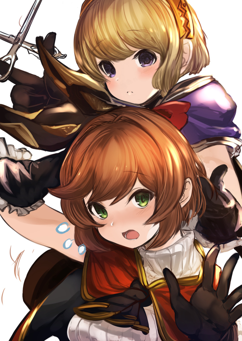 2girls alternate_hair_length alternate_hairstyle arm_behind_head arm_up bad_hands belt blonde_hair brown_hair cagliostro_(granblue_fantasy) cape clarisse_(granblue_fantasy) commentary_request flying_sweatdrops gloves granblue_fantasy green_eyes hairband highres maou_(maoudaisukiya) multiple_girls open_mouth orange_hair purple_eyes red_ribbon ribbed_sweater ribbon scissors short_hair simple_background sweater tiara upper_body
