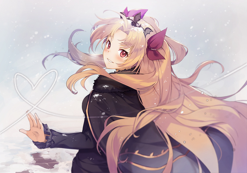 :d ahoge black_cape black_dress blonde_hair blush cape dress ereshkigal_(fate/grand_order) eyebrows_visible_through_hair fate/grand_order fate_(series) frilled_sleeves frills from_behind fur_collar fur_trim gradient gradient_background grey_background hair_ribbon heart heart_of_string long_hair long_sleeves looking_at_viewer looking_back nagu open_mouth red_eyes red_ribbon ribbon shiny shiny_hair smile snow snowing solo tiara upper_body very_long_hair