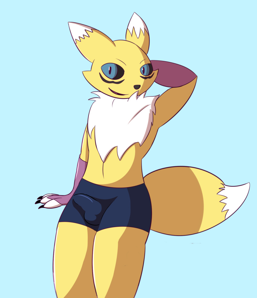 2019 anthro blue_background blue_eyes bulge canid canine clothed clothing dabelette digimon digimon_(species) digital_media_(artwork) fur hand_behind_head looking_at_viewer male mammal renamon simple_background smile solo underwear yellow_fur