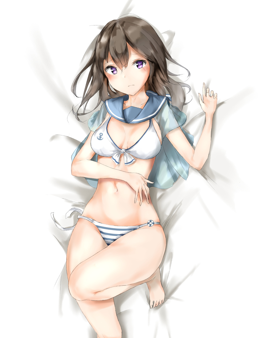 barefoot bed_sheet bikini black_hair blue_sailor_collar breasts feet_out_of_frame highres knee_up long_hair lying medium_breasts on_back on_bed original purple_eyes sailor_bikini sailor_collar side-tie_bikini solo striped_bikini_bottom swimsuit zagashira