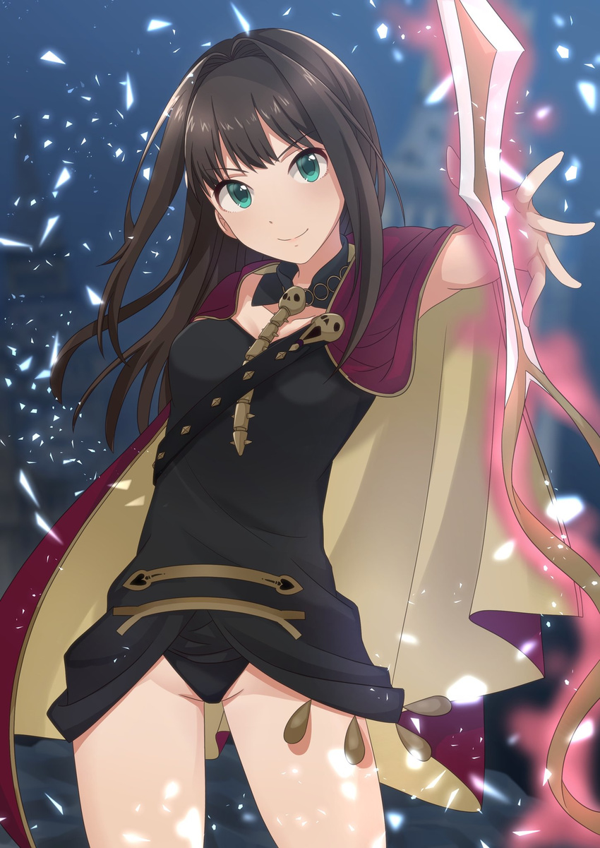 aki_no_suke_p black_hair cape cosplay ereshkigal_(fate/grand_order) ereshkigal_(fate/grand_order)_(cosplay) fate/grand_order fate_(series) glowing green_eyes highres idolmaster idolmaster_cinderella_girls leotard long_hair looking_at_viewer namesake shibuya_rin smile solo thigh_gap toosaka_rin