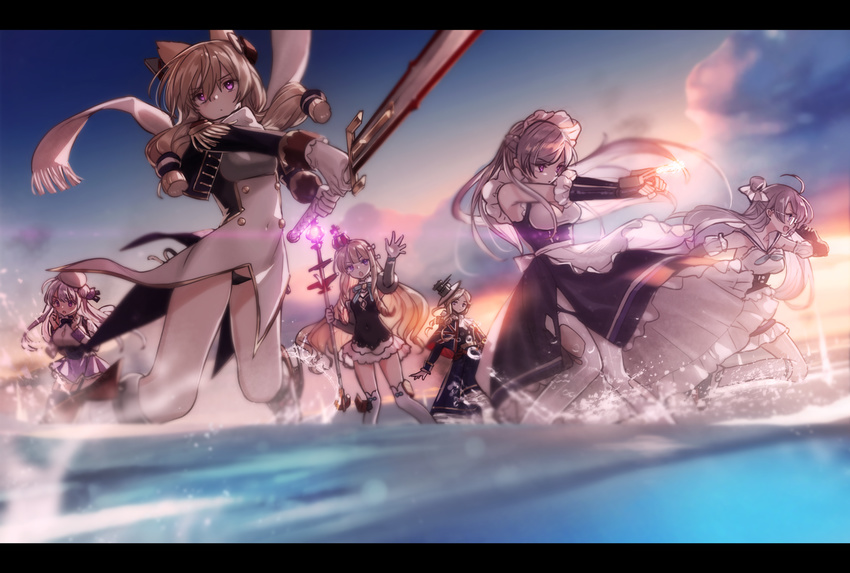 :d ahoge animal_ears apron azur_lane bad_id bad_pixiv_id bangs belfast_(azur_lane) beret black_dress black_jacket black_panties black_shirt blonde_hair blue_capelet blue_dress braid cannon capelet cat_ears chestnut_mouth closed_mouth cloud commentary_request covered_navel cropped_jacket crown cygnet_(azur_lane) dress edinburgh_(azur_lane) elbow_gloves epaulettes eyebrows_visible_through_hair fingerless_gloves flag_print frilled_apron frills fringe_trim glasses gloves hair_between_eyes hair_bun hat headgear holding holding_staff holding_sword holding_weapon hood_(azur_lane) jacket long_hair long_sleeves looking_at_viewer maid_headdress military_jacket mini_crown multiple_girls ocean open_mouth panties pantyhose parted_lips print_capelet purple_eyes purple_skirt queen_elizabeth_(azur_lane) sailor_collar scarf shirt short_hair_with_long_locks side_bun silver_hair skirt sky sleeveless sleeveless_dress smile staff sword thighhighs torn_clothes torn_legwear tsukigami_runa turret underwear union_jack very_long_hair waist_apron warspite_(azur_lane) water weapon white_apron white_gloves white_hat white_legwear white_sailor_collar white_scarf white_skirt