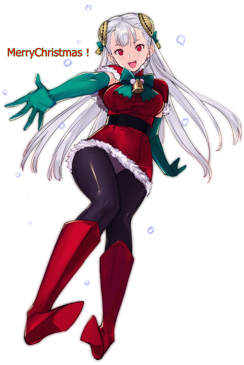 adapted_costume albino bell belt black_legwear boots bow breasts capcom capcom_fighting_jam capelet christmas commentary_request dress elbow_gloves gloves green_gloves hairpods highres ingrid knee_boots long_hair looking_at_viewer medium_breasts merry_christmas open_mouth outstretched_hand panties panties_under_pantyhose pantyhose pantyshot pantyshot_(standing) red_capelet red_eyes red_footwear santa_costume short_dress solo standing tetsu_(kimuchi) underwear white_hair